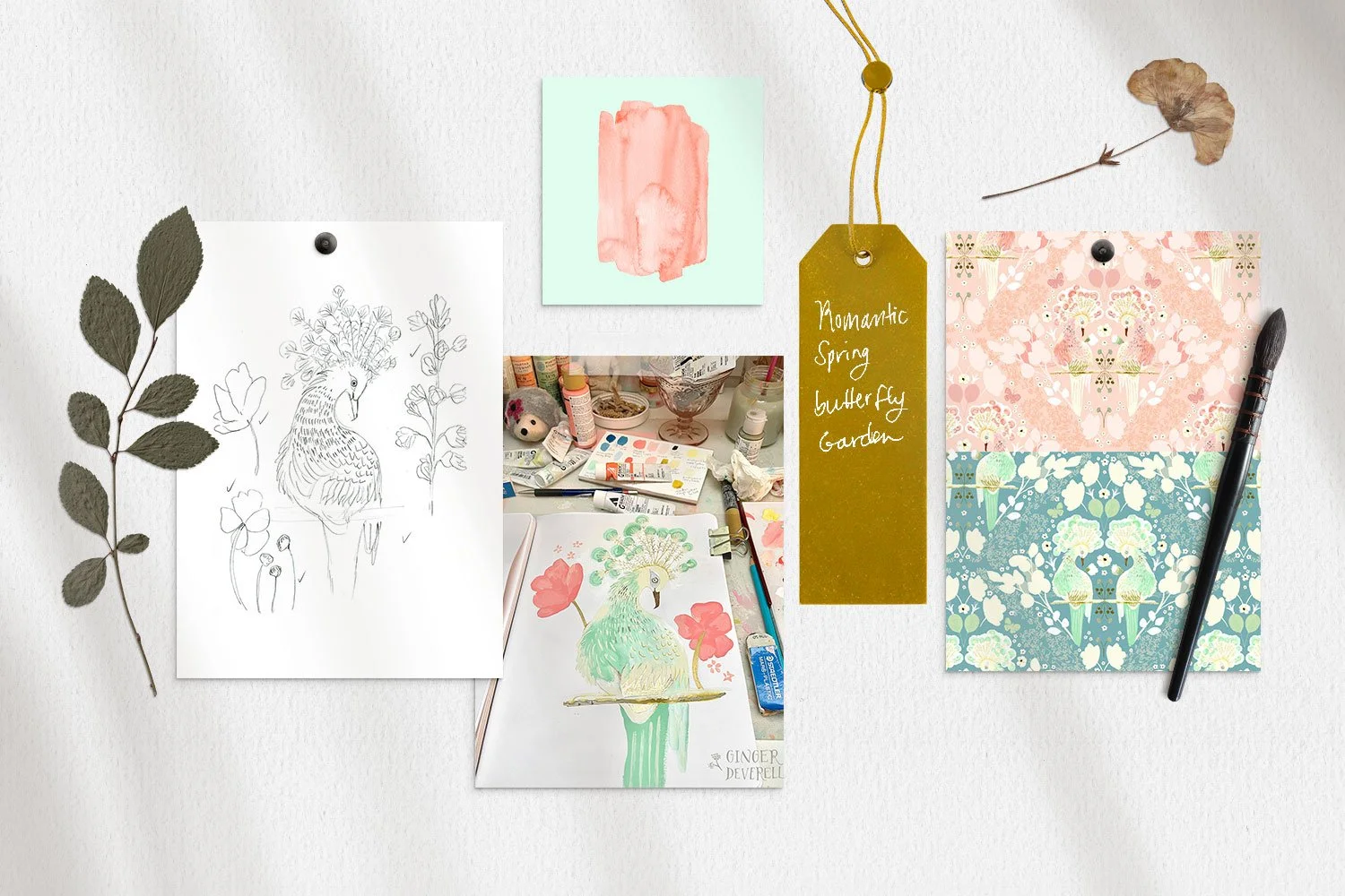 Mood board containing sketches and paintings of Hoopoe birds for the Serenity Blooms fabric collection, as well as an image of the final pattern design