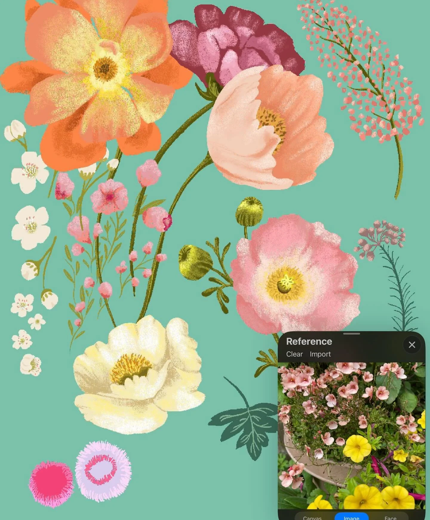 A little peek behind the scenes. Drawing flowers for my Unicorn Dreams collection - some of them made it into the final collection, some of them changed colours, some will get used in other designs down the line. Nothing is wasted. The reference phot