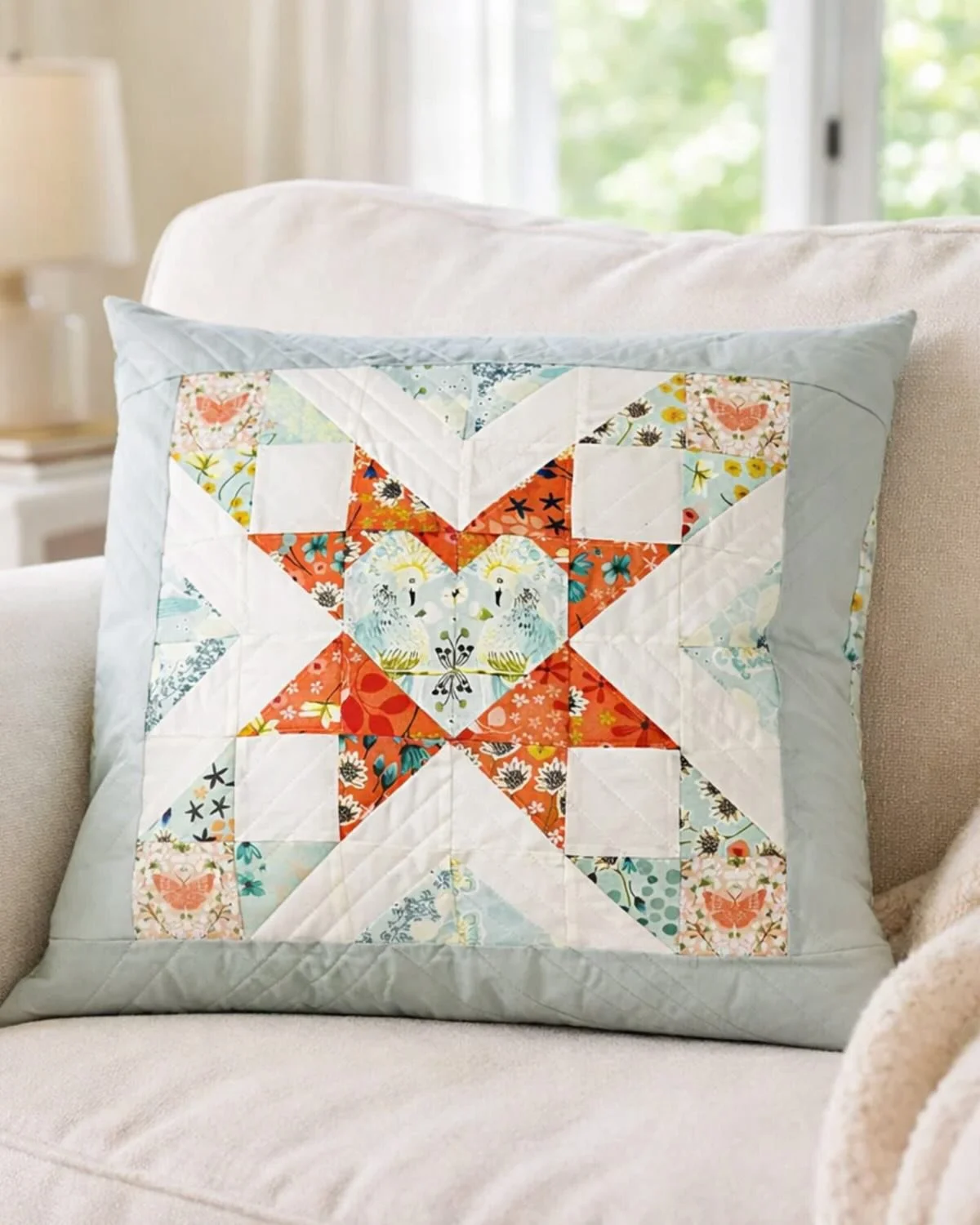 Sweet heart pillow from @bemandythings using my Serenity Blooms fabric with @poppiecotton . I love how she featured the lovebirds from our First Kiss print in the centre 💫 I bought her sewing pattern and am excited to make pretty heart pillows of my