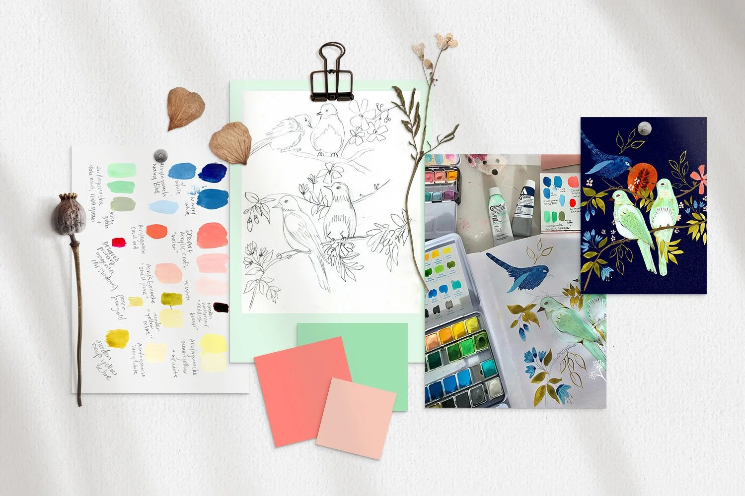 Mood board containing colour swatches, sketches and sprigs of nature used when creating this collection