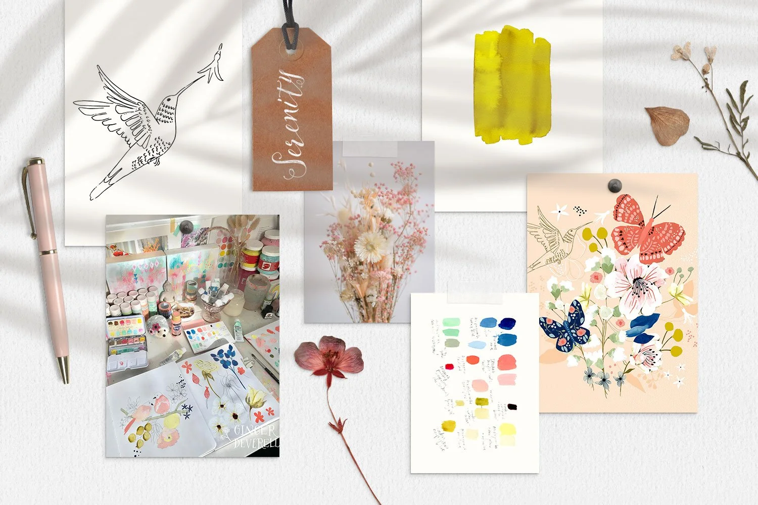 Mood board containing painting and early sketches for the Serenity Blooms fabric collection