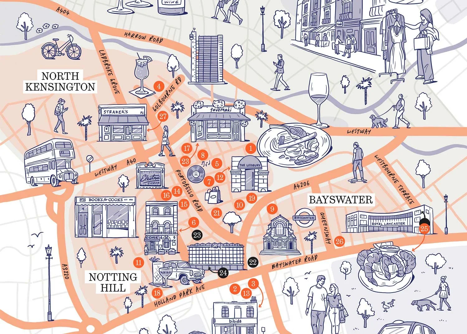 Hand-drawn illustrated map of London snippet
