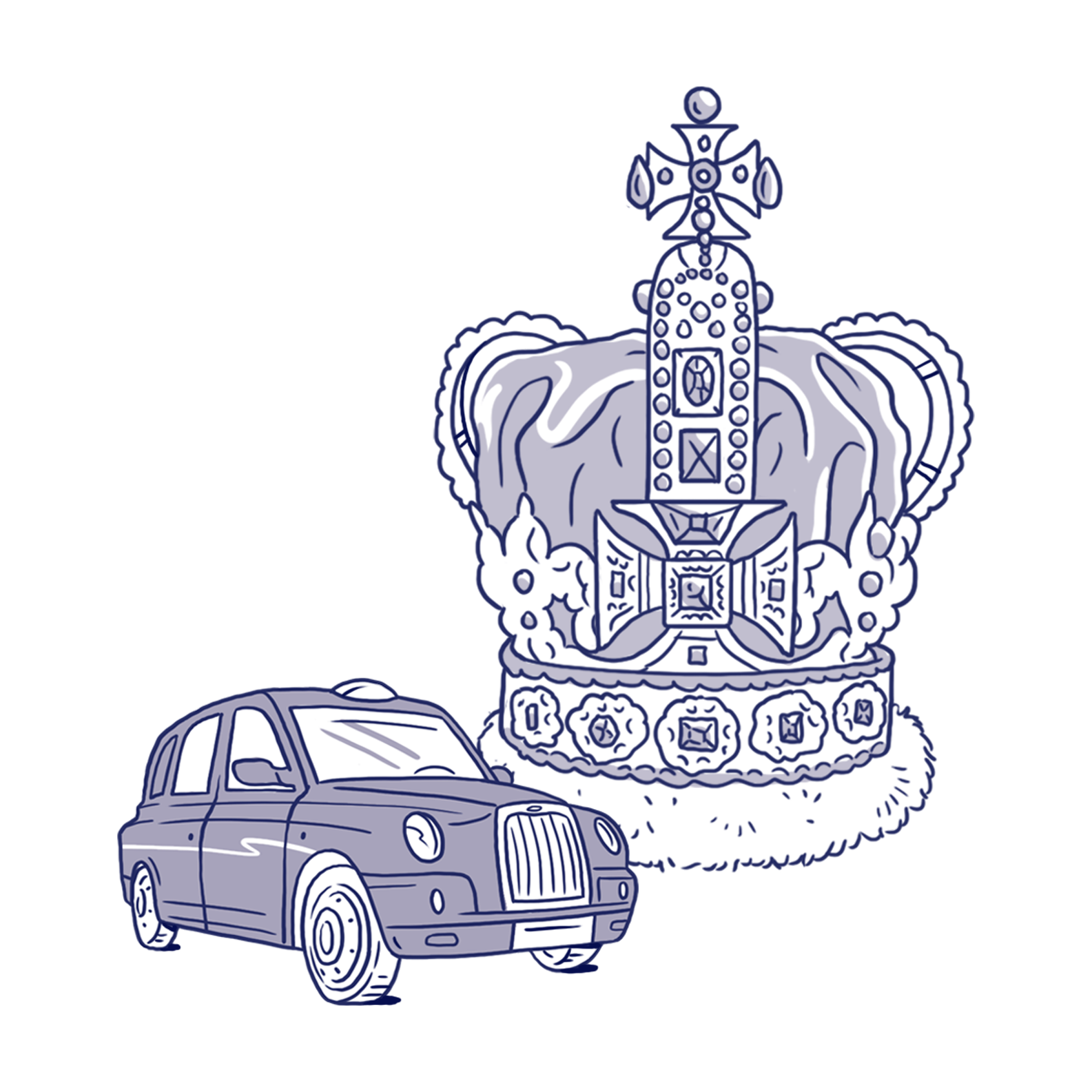 Hand-drawn illustrated map of London crown jewels and taxi