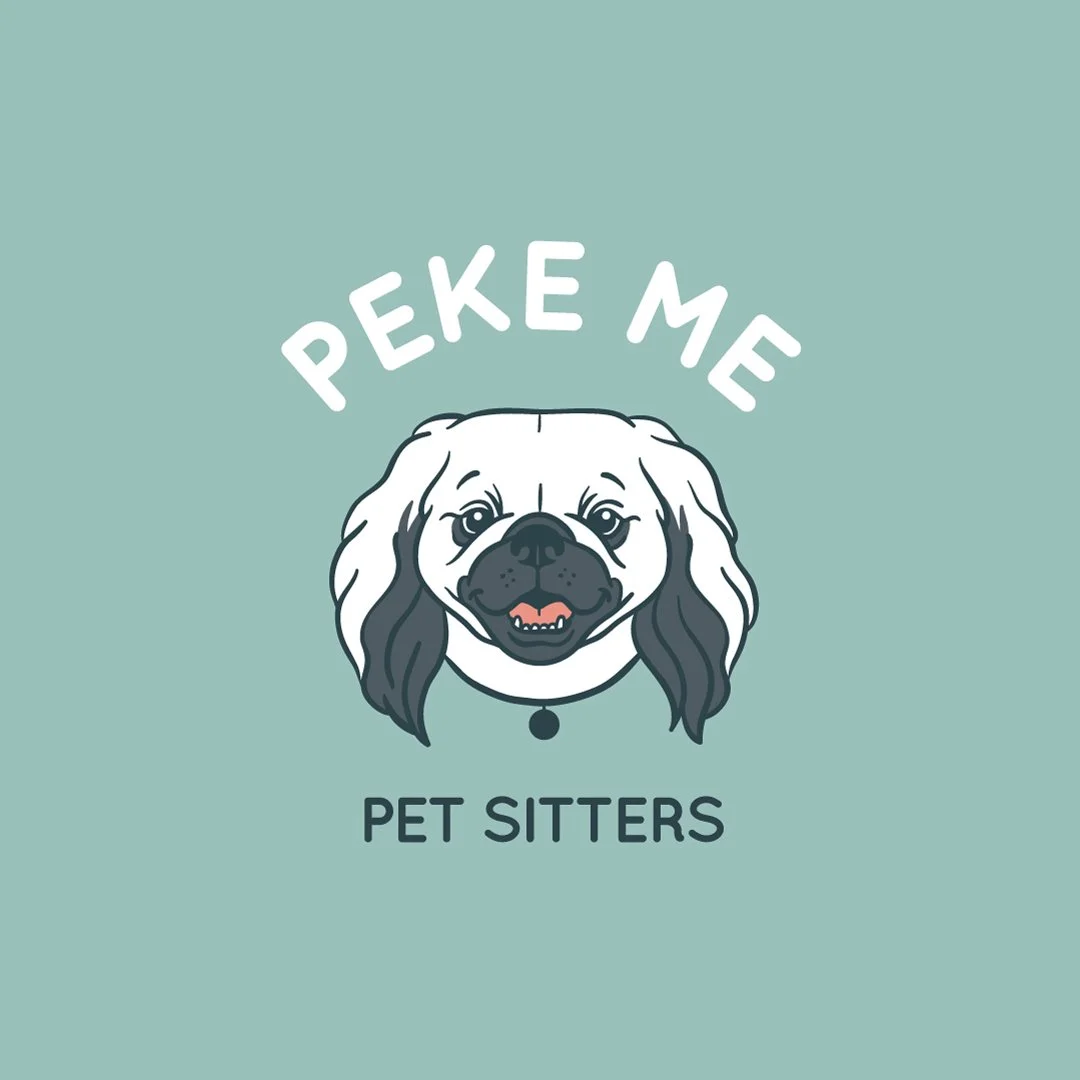 Illustrated logo of Peke me pet sitters on blue background