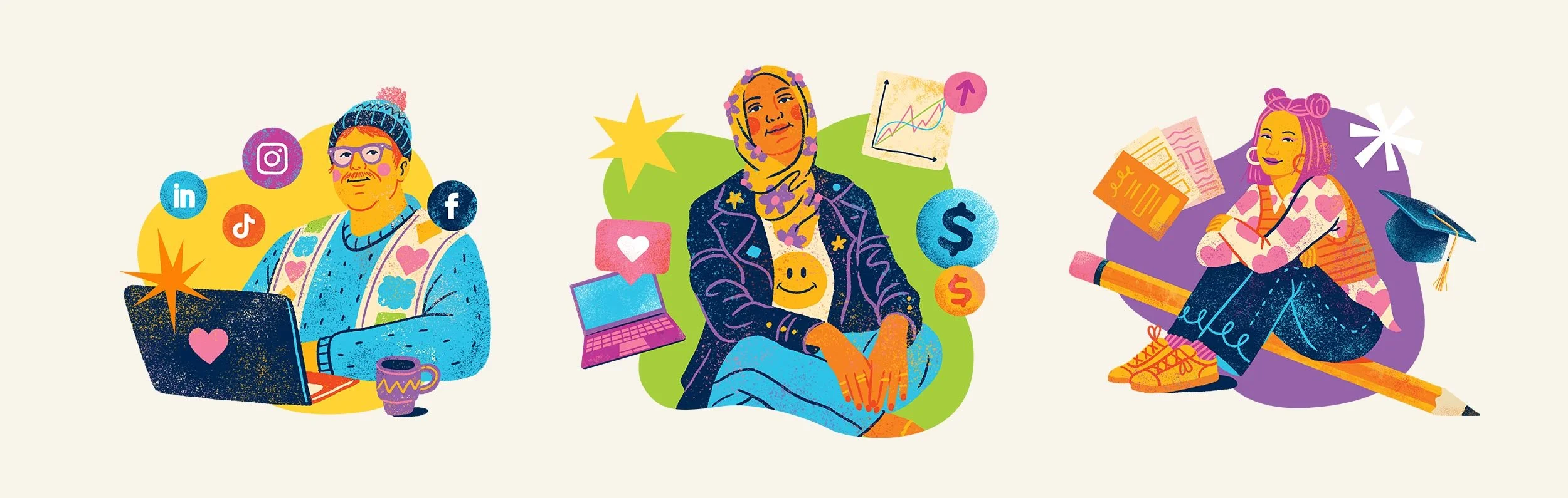 Illustrated banner with people sitting surrounded by icons on bright colours