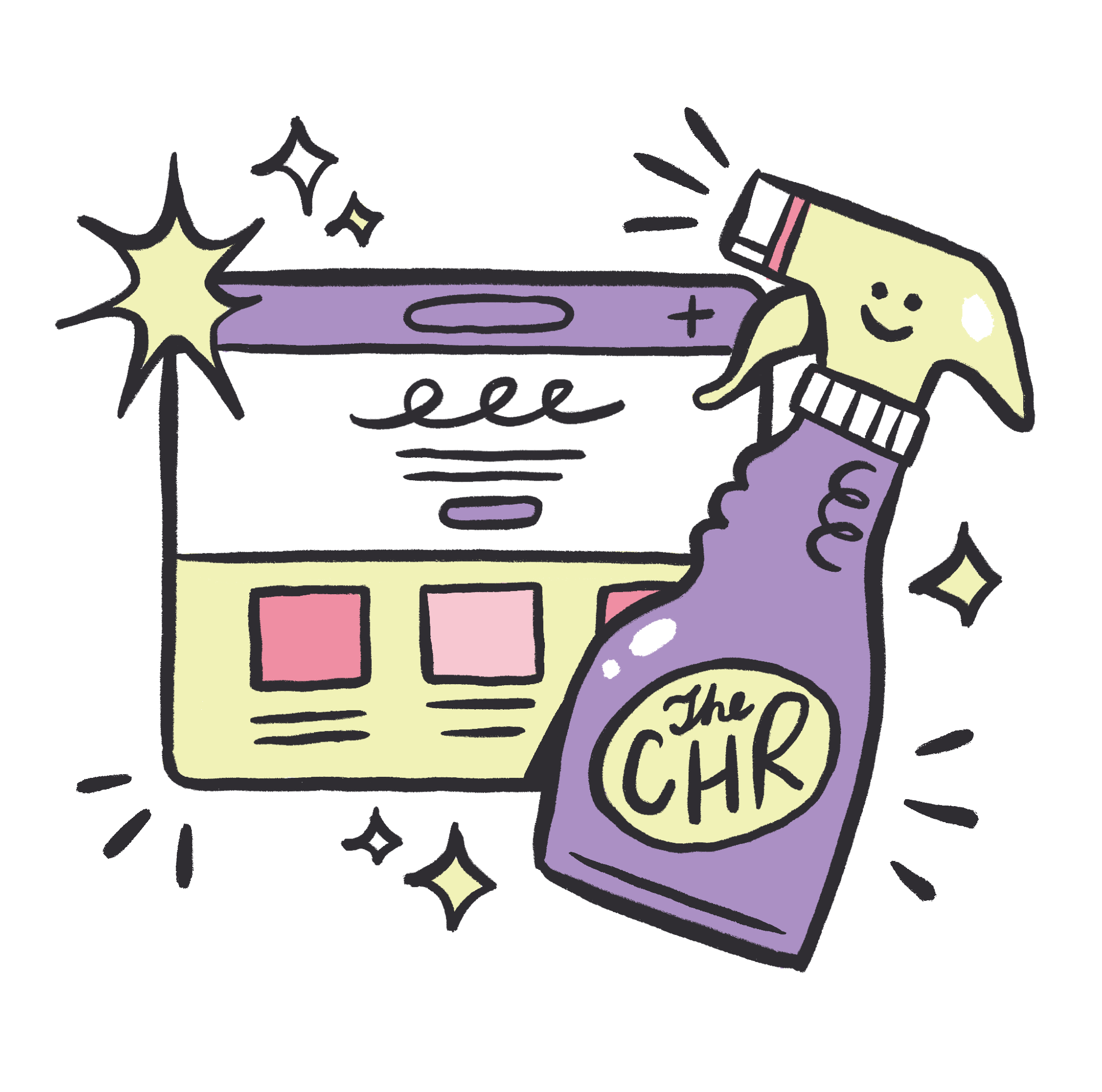 A cartoon illustration of a cleaning spray bottle with a yellow smiley face on the nozzle and a box of cleaning wipes in the background, surrounded by sparkling effects.