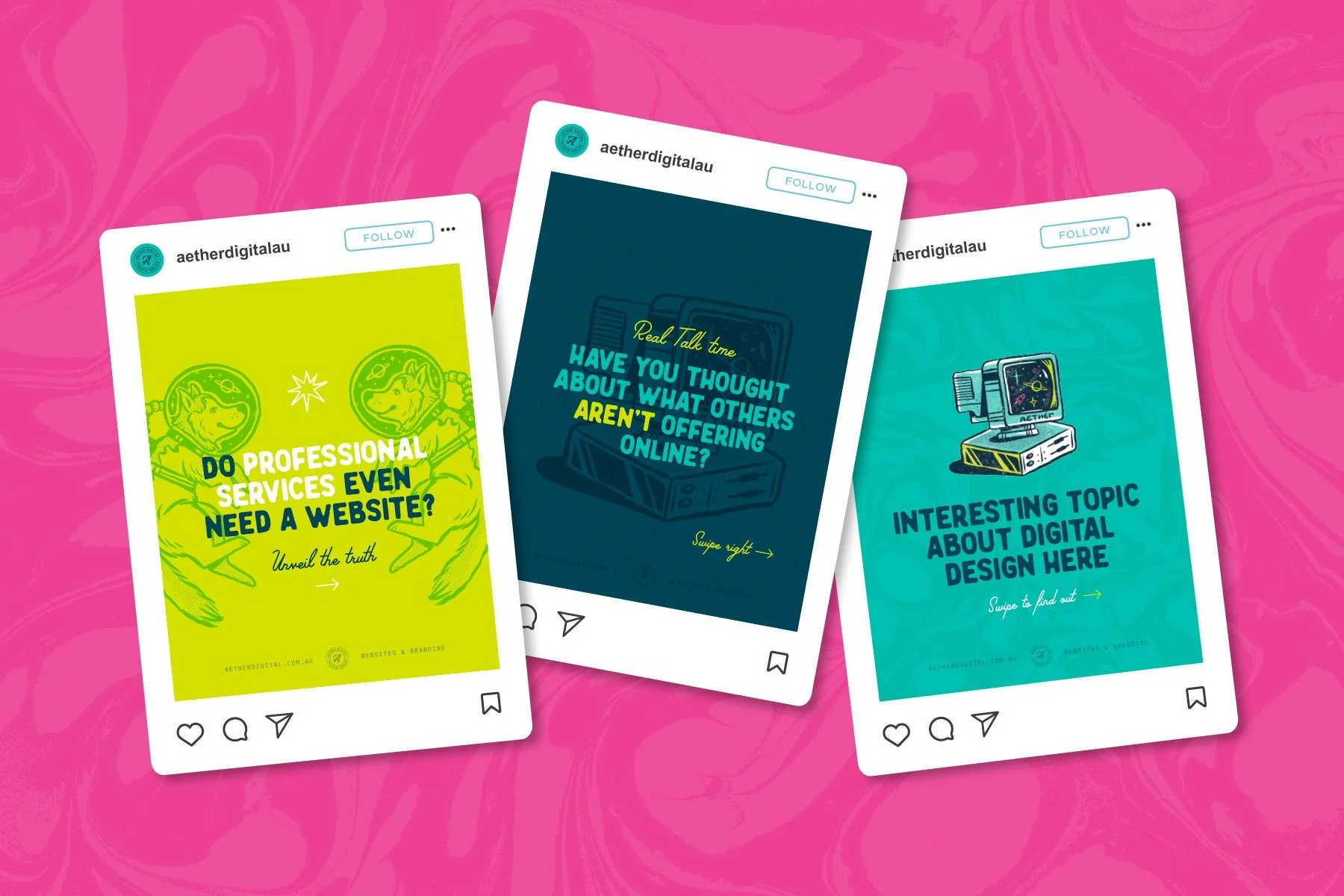 Bright social media posts with brand illustrations for Aether Digital