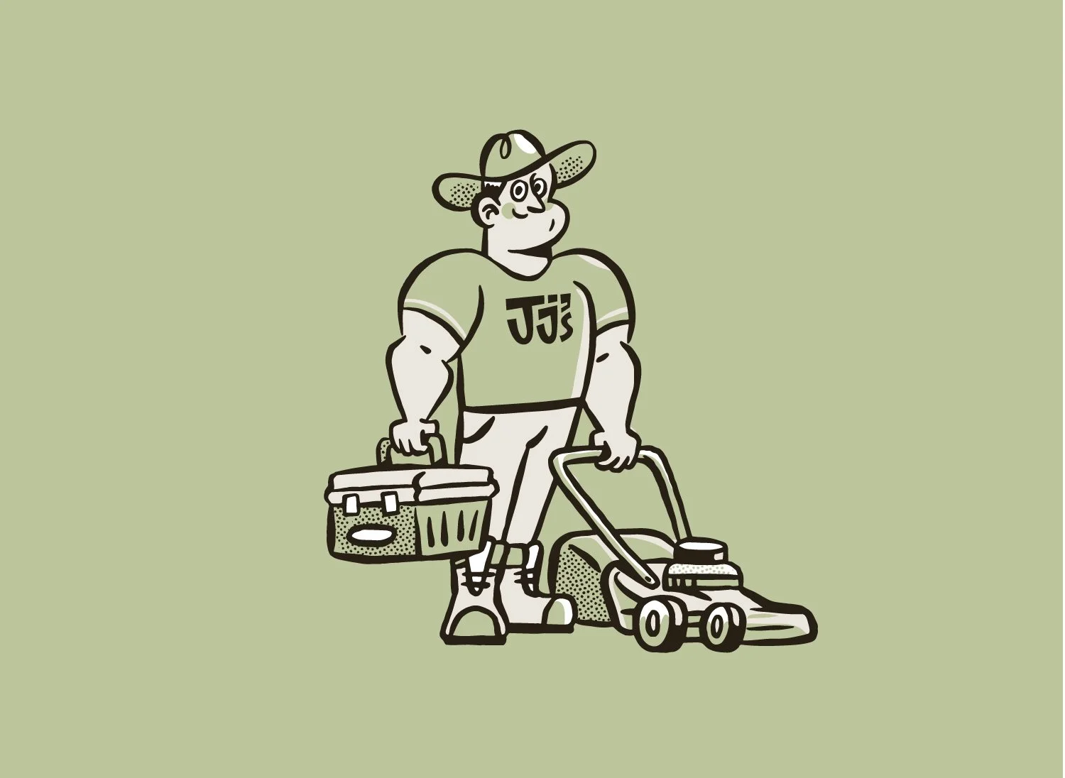 Retro illustrated mascot for JJ's Mowing with a man with a lawnmower and tool box