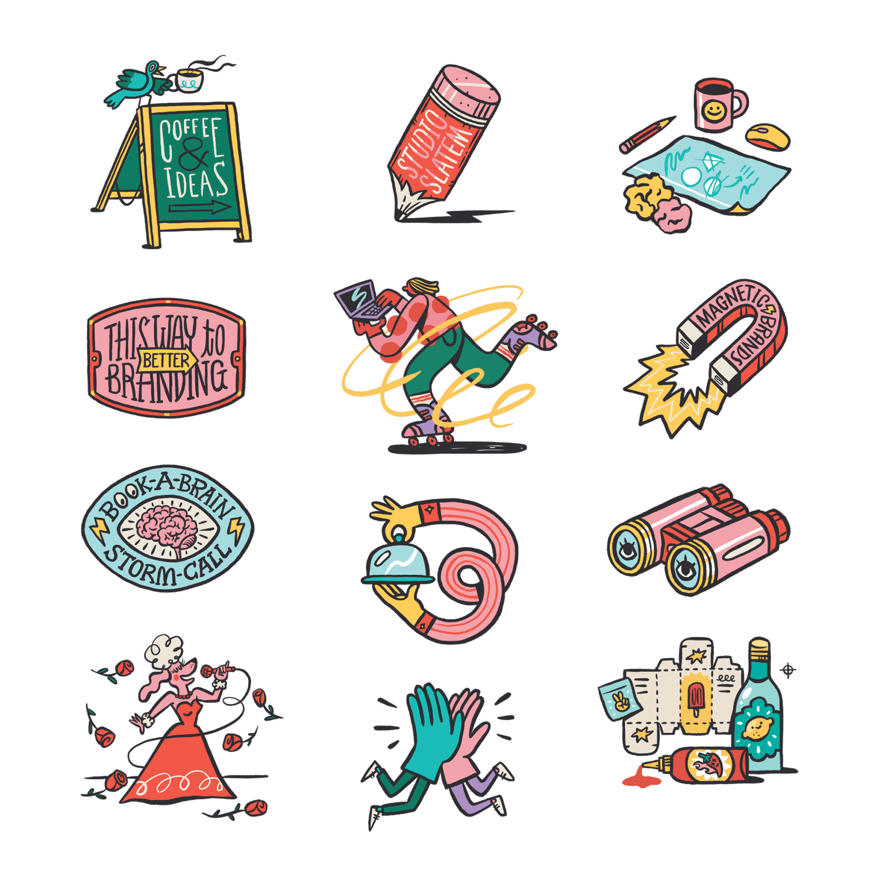 A collage of Studio Slatem's brand illustrations on light blue