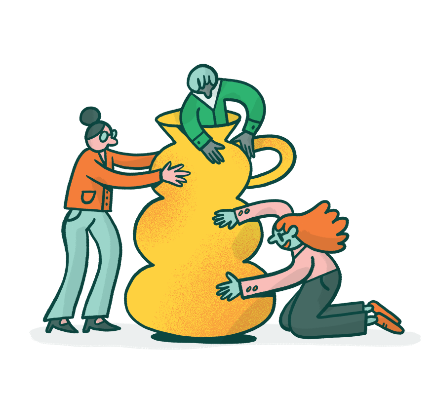 Hand-drawn brand illustration of people in happy workplace for SmartCulture molding positivity vase