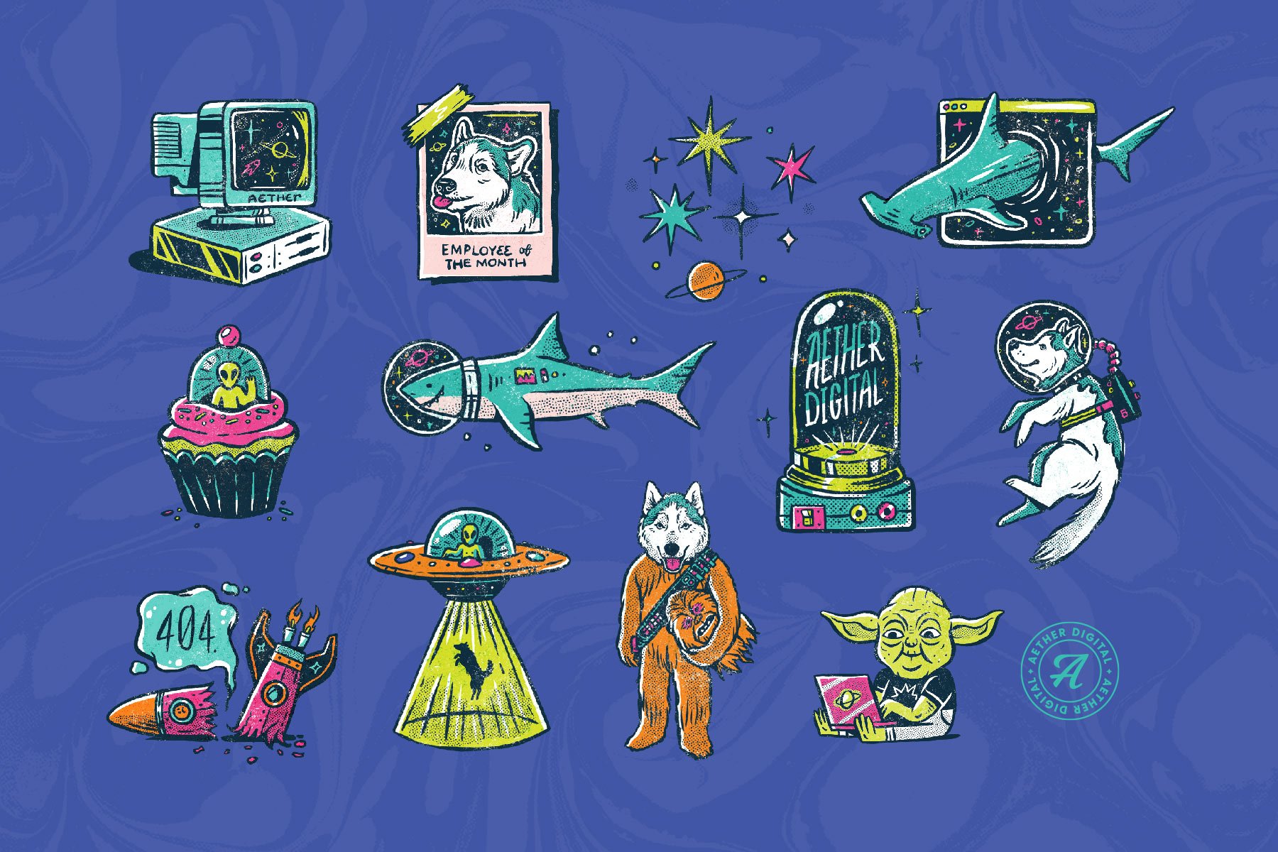 Aether Digital's custom brand illustration set