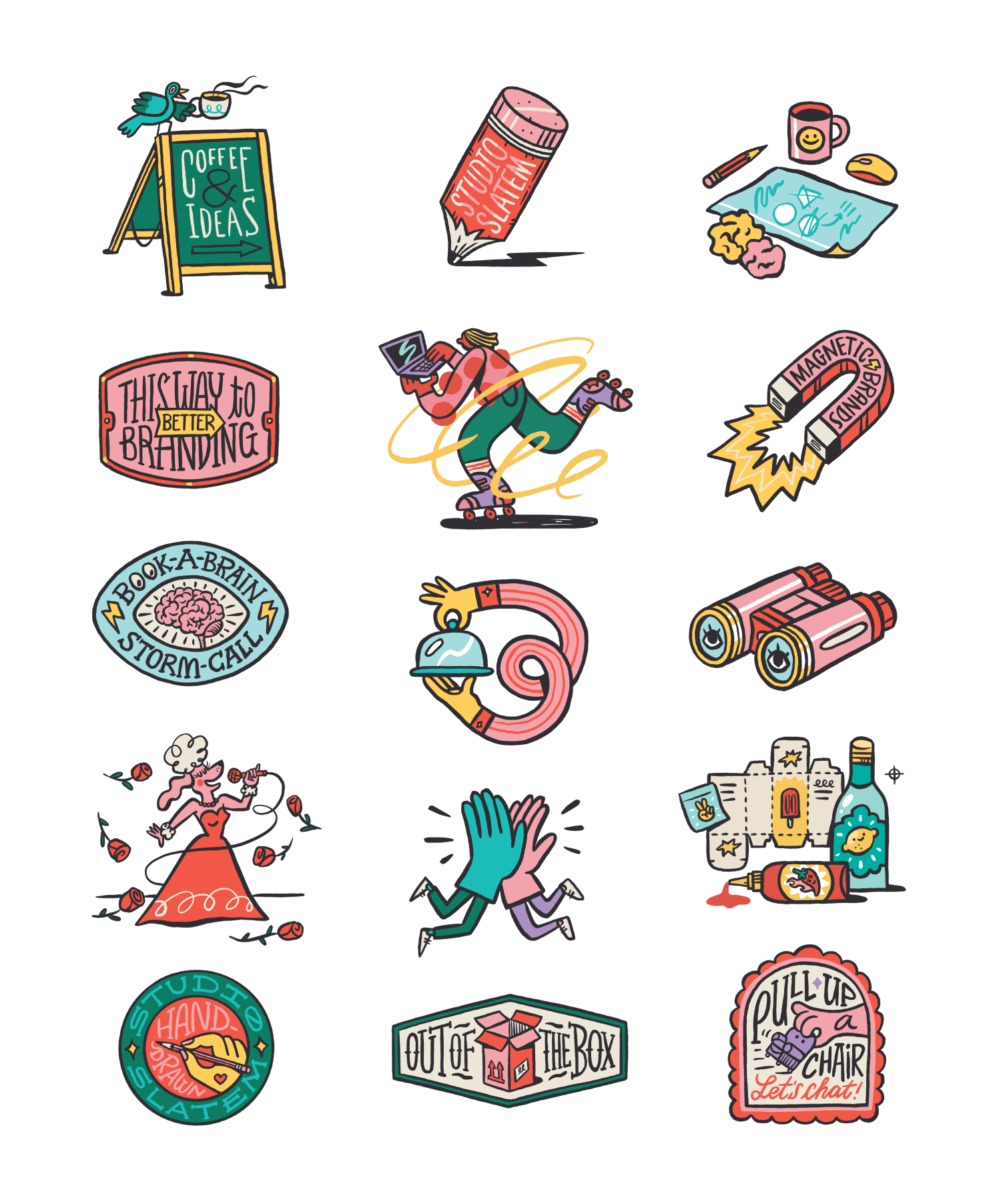A collage of Studio Slatem's brand illustrations on light blue