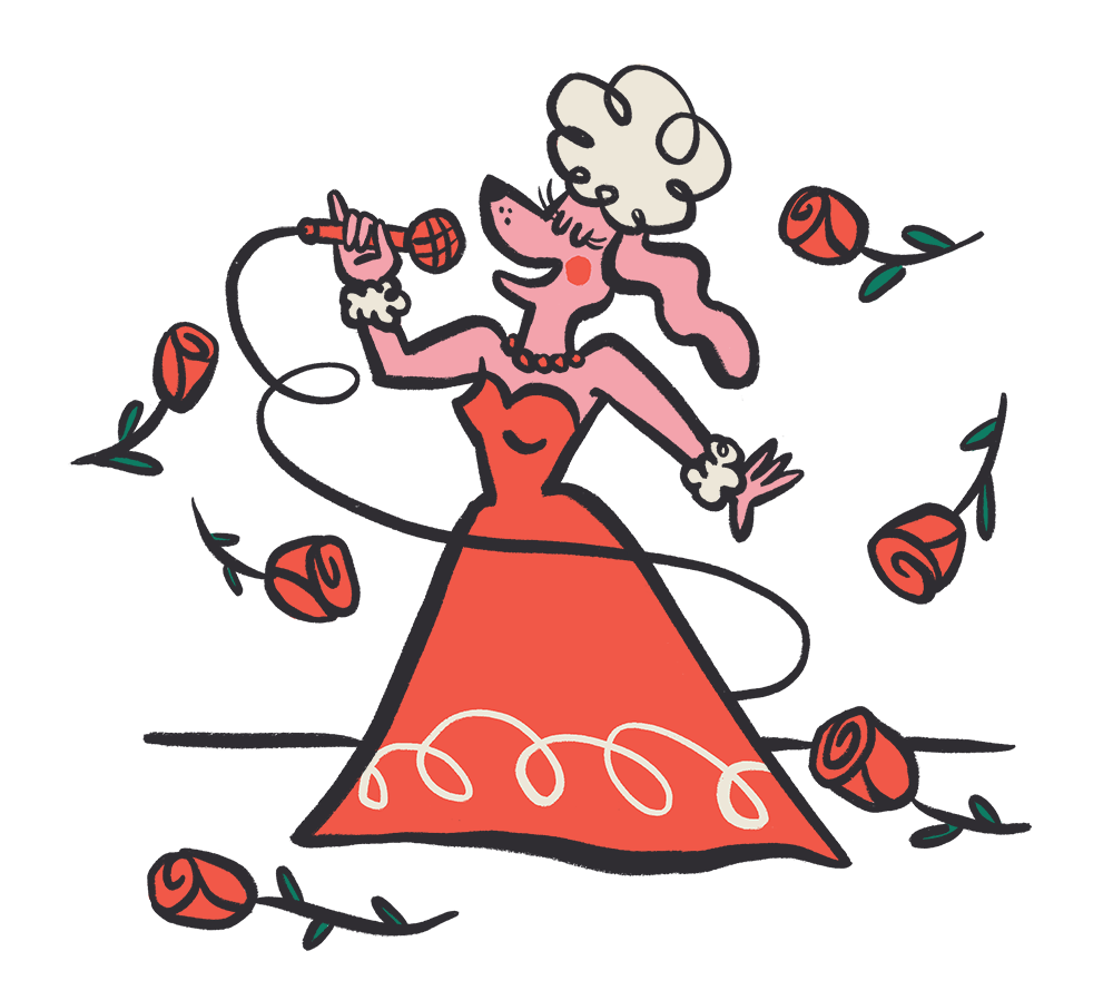 Illustrated diva dog singing with roses falling on stage