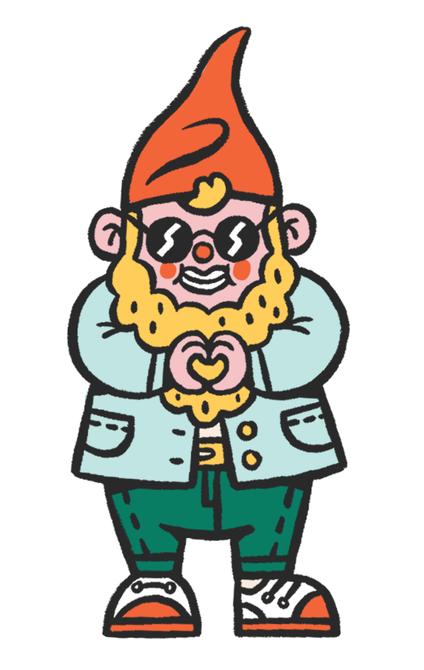 Hand-illustrated gnome character holding a heart shape with hands