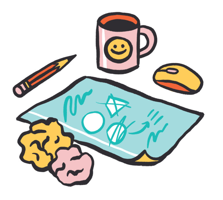 Hand-illustrated table top with a pencil, paper and smiling mug