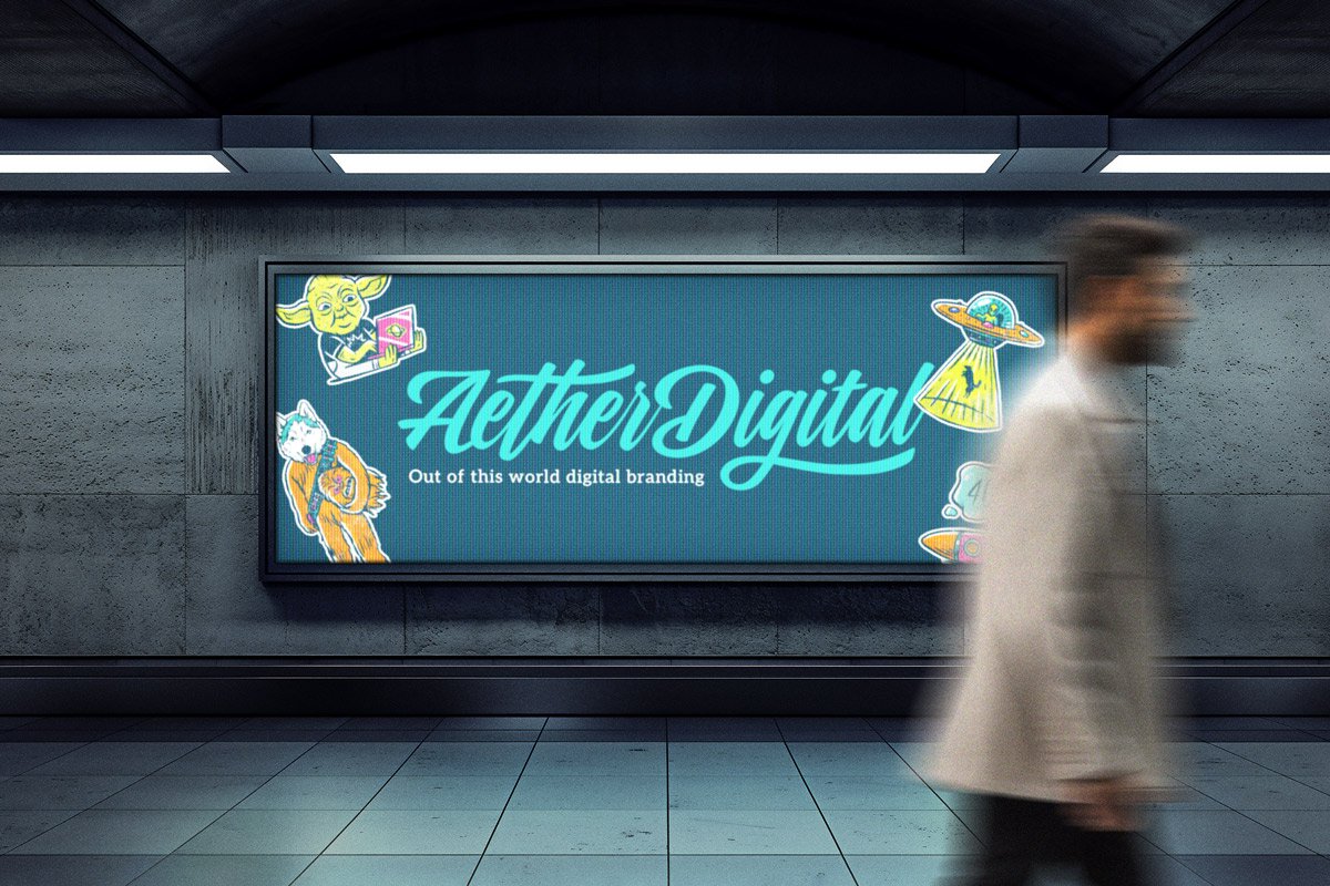 Aehter Digital's logo mocked up on a subway sign