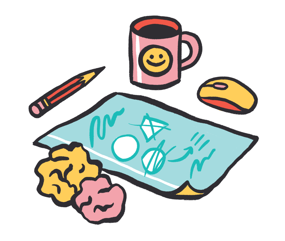 Illustration of a paper, mug and ideas being created