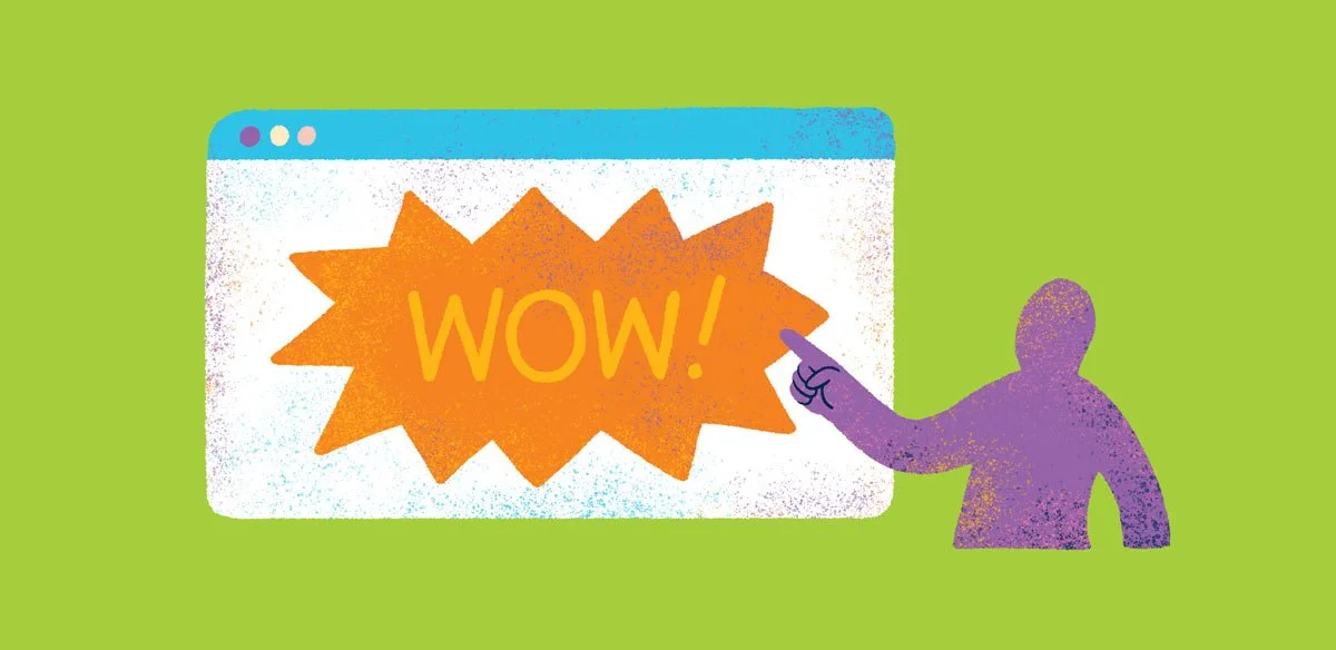 Illustration of a figure pointing at a WOW board on green