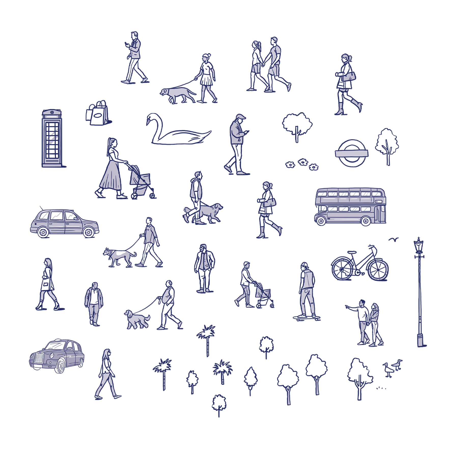 Hand-drawn illustrated map of London characters and trees