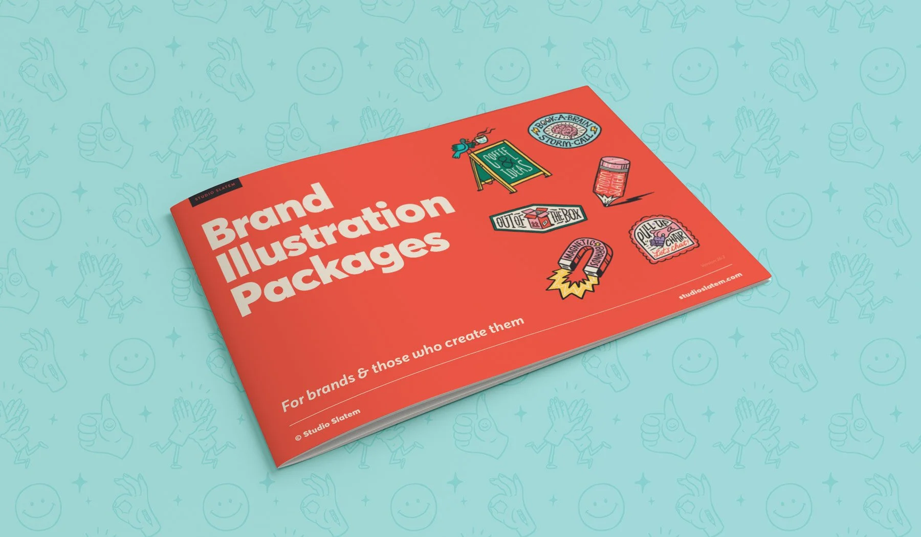 Mockup of a brand illustration document on light blue