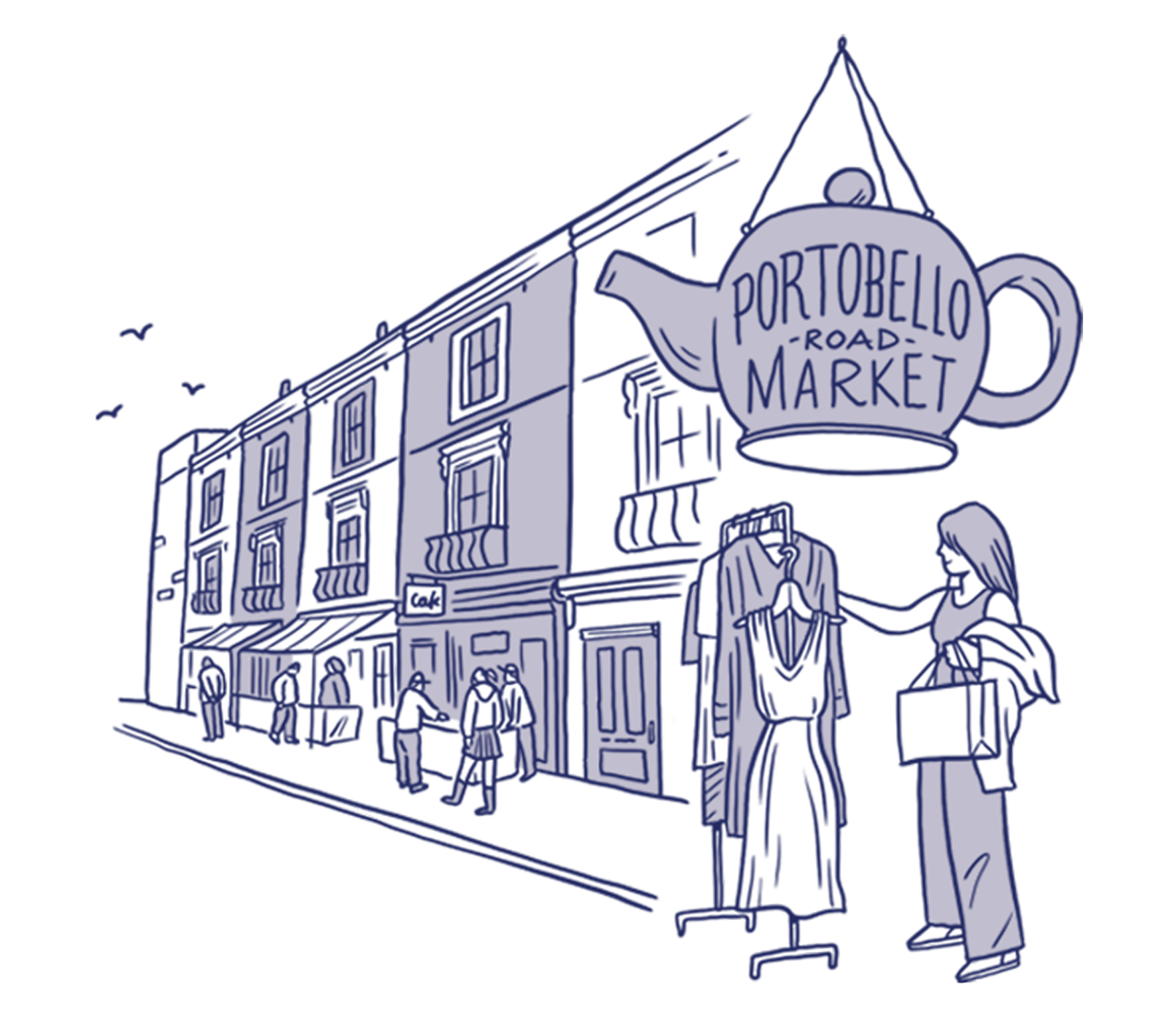 Hand-drawn illustrated map of London's Portobello Road Market