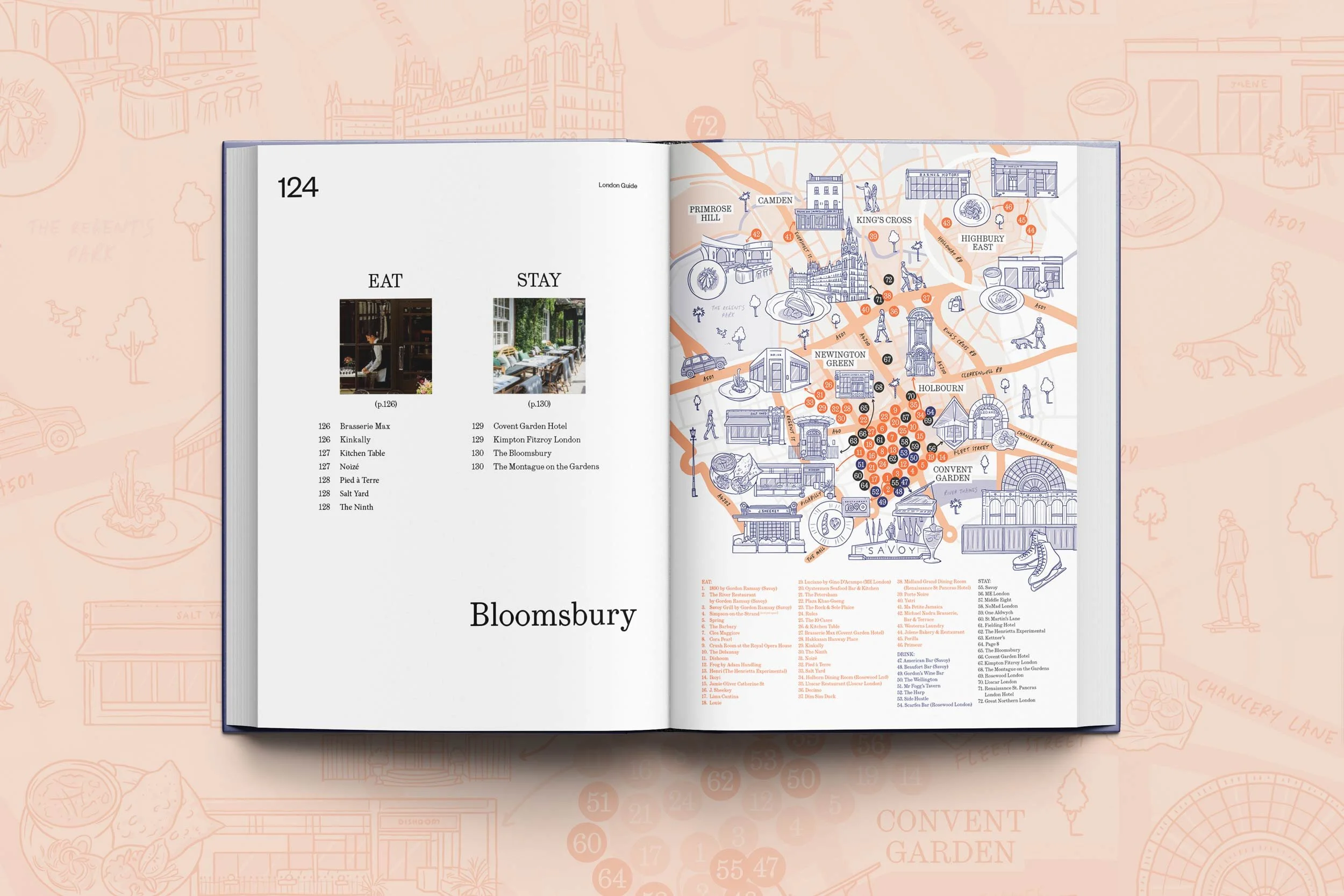 Hand-drawn illustrated map of London book lying open