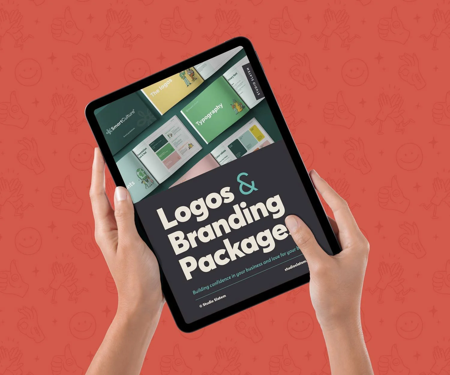 Hands holding ipad with illustrated branding services document