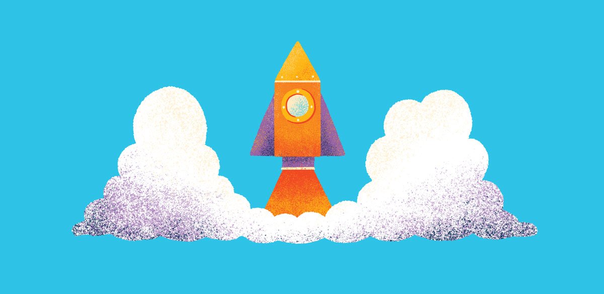 Illustrated rocket taking off on blue background