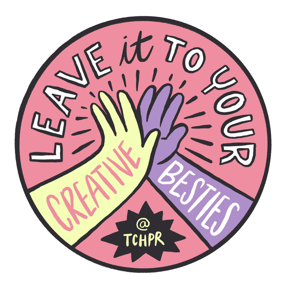 Illustrated badge of hands giving a Hi-5 saying leave it to your creative besties