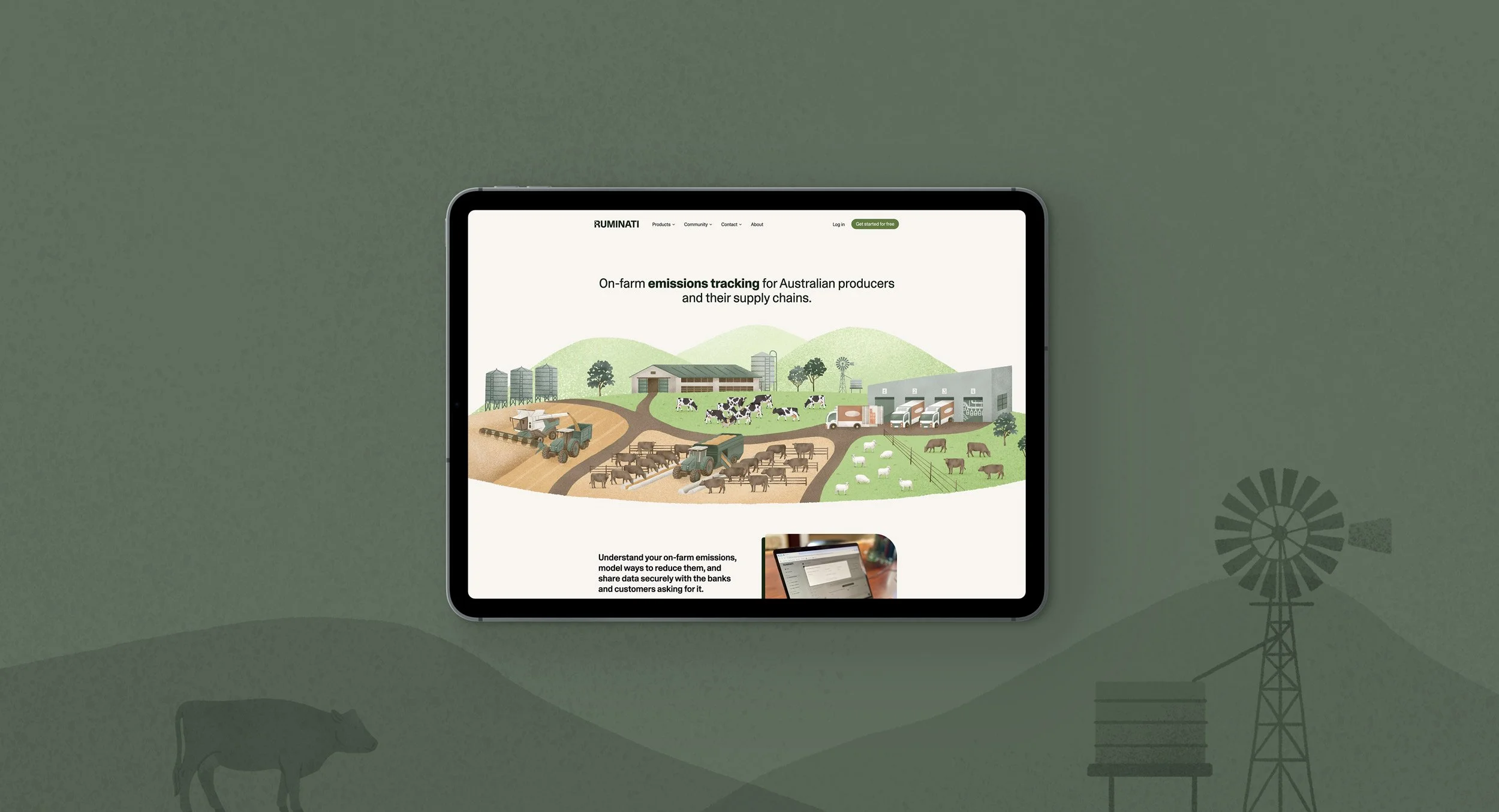 Agricultural website with farming illustrations on iPad on green background
