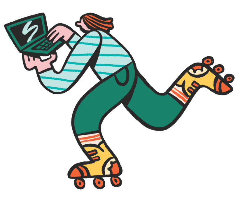 Illustrated women on skates working on a computer