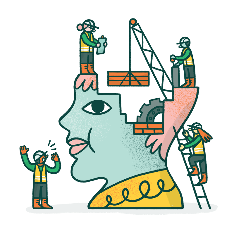 Hand-drawn brand illustration of people constructing a happy workplace for SmartCulture