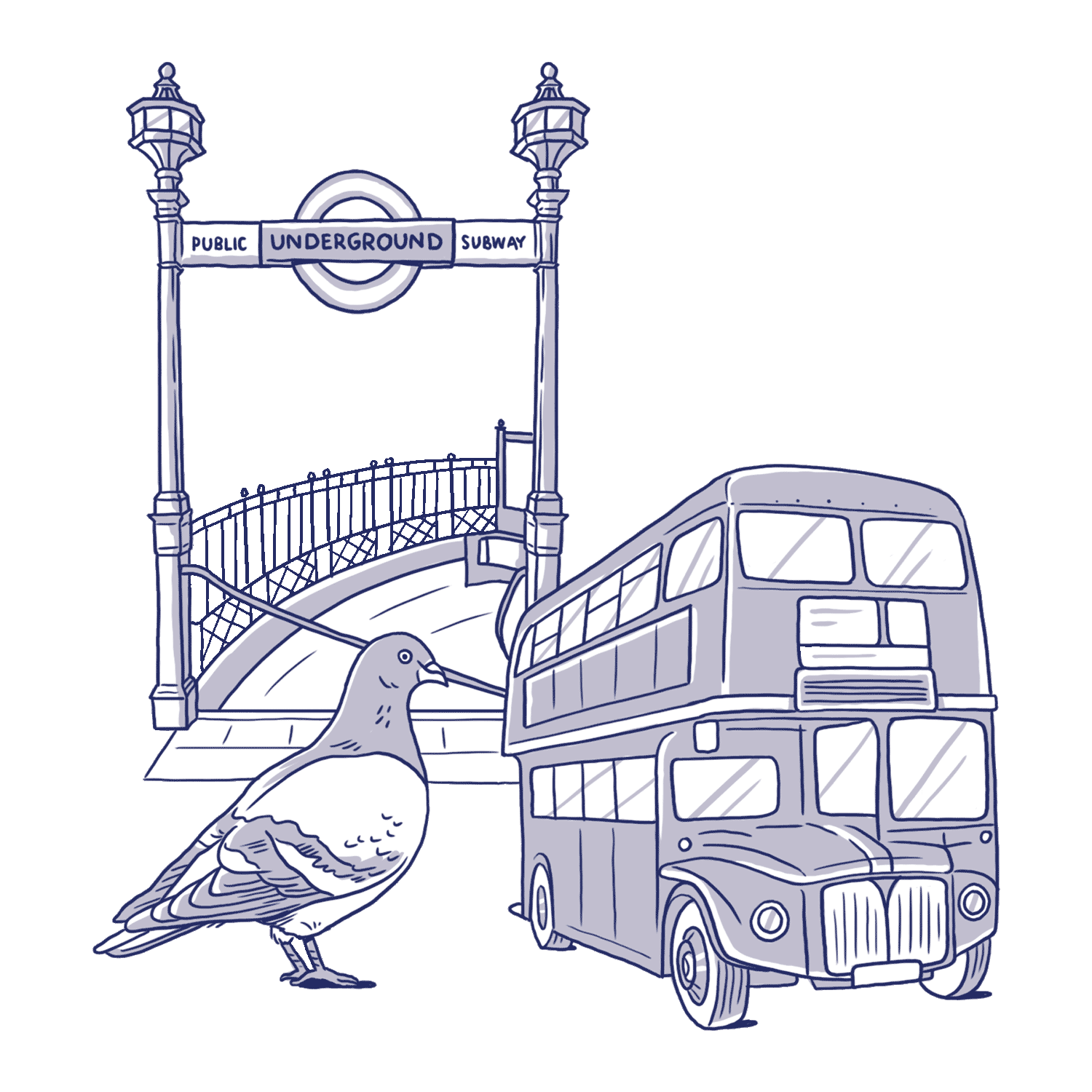 Hand-drawn illustrated London icons in blue