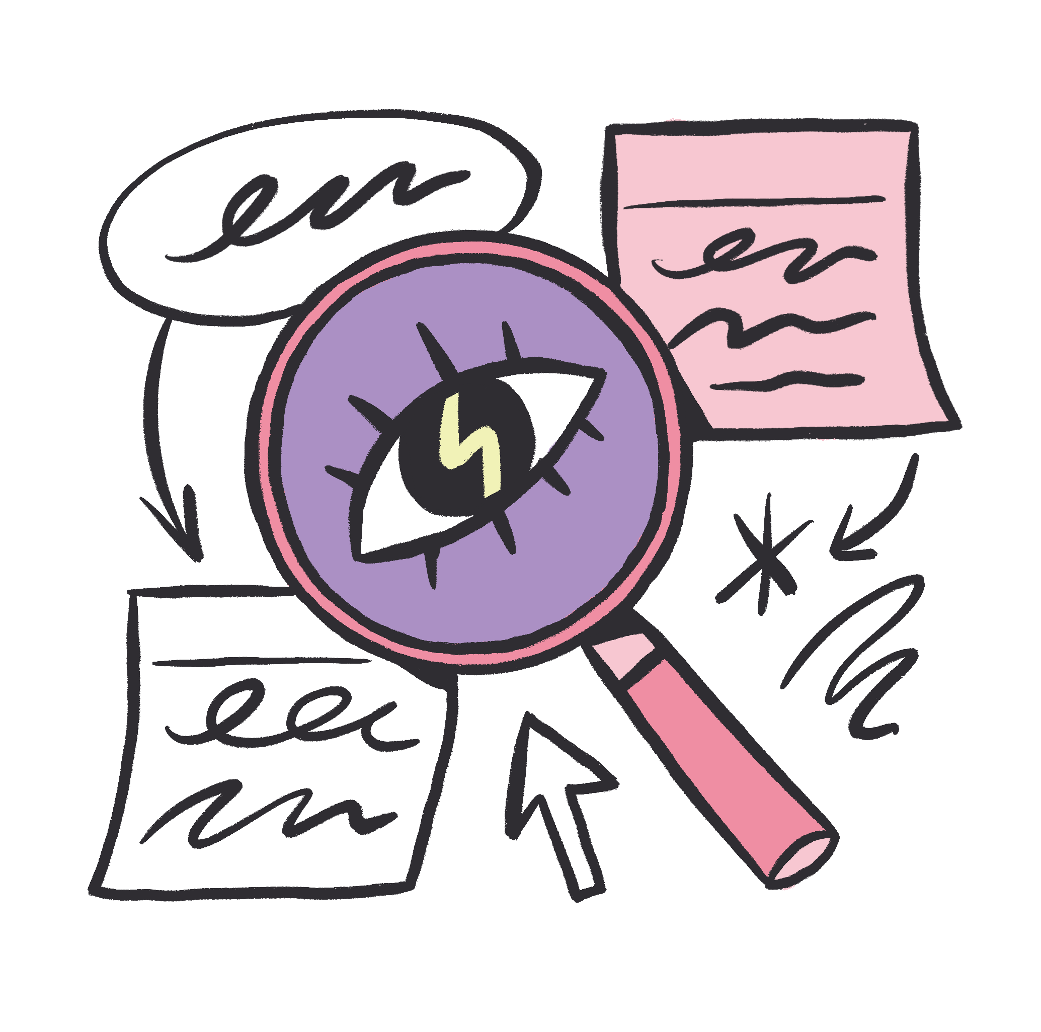 Illustration of a magnifying glass focusing on an eye with a lightning bolt in the pupil, surrounded by papers and notes with scribbles, on a black background.