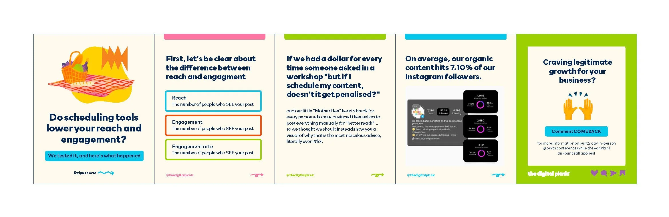 Carousel design with bright colours and custom illustrations