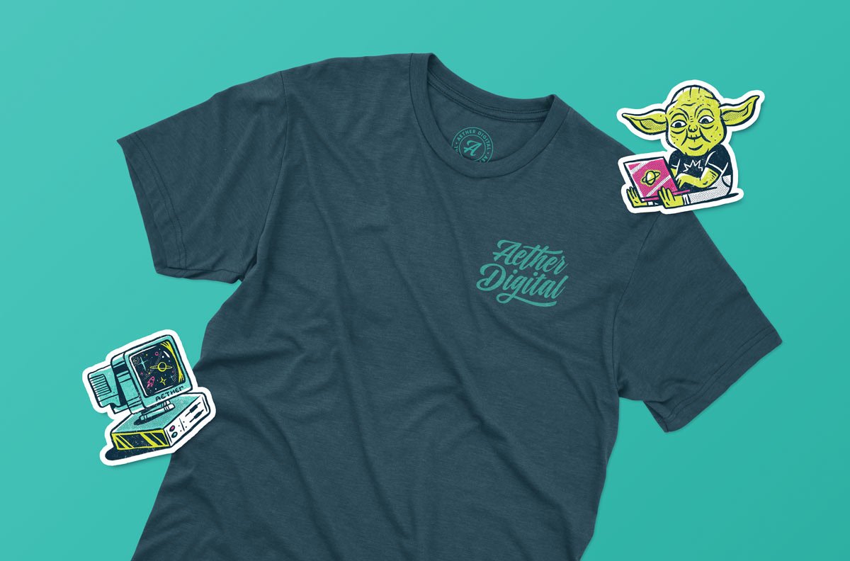 Tshirt mock up for Aehter Digital with brand illustration stickers