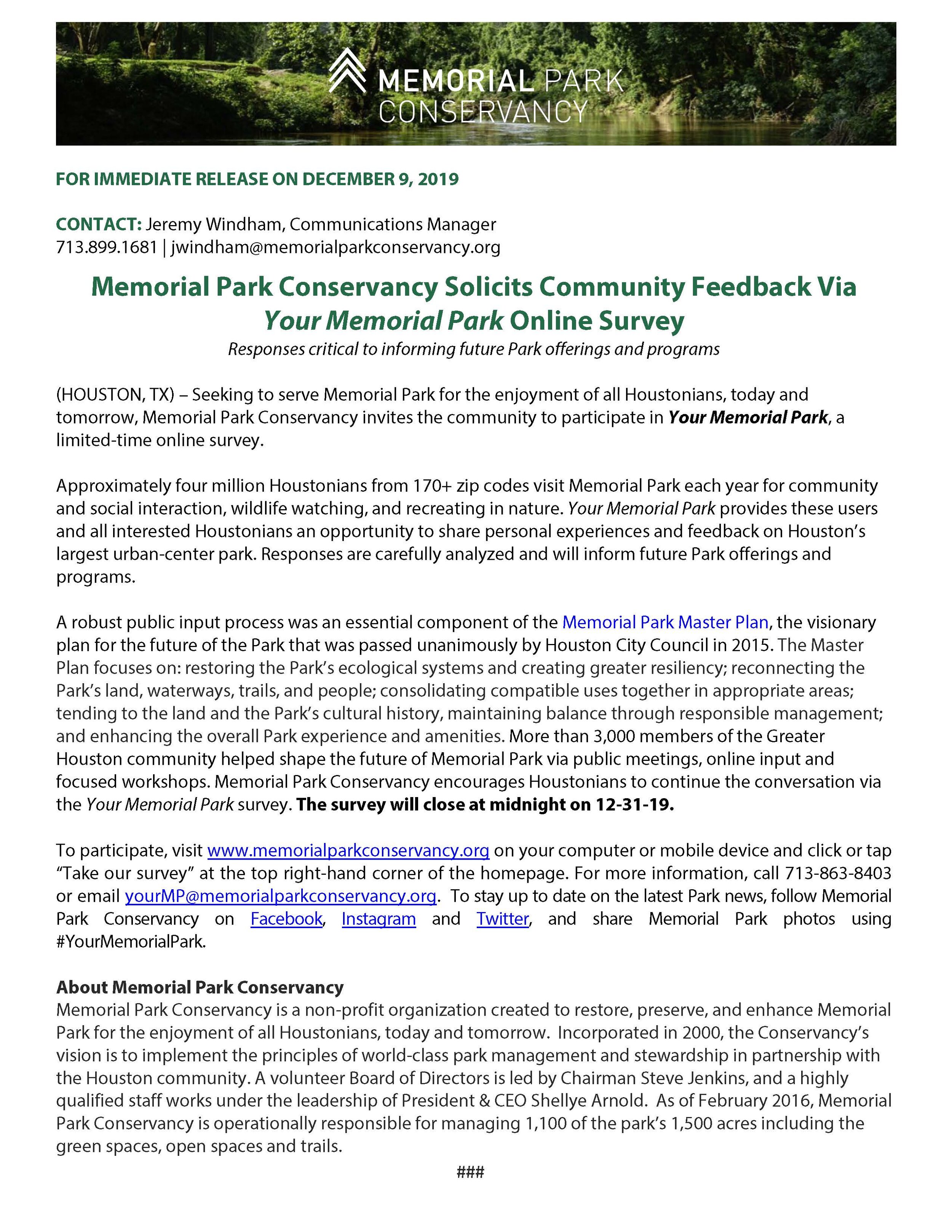 Together with a second release in early 2020, this communication resulted in the following coverage for Memorial Park Conservancy:Community Impact, 12.10.19Houstonia Magazine, 12.12.19 CultureMap Houston, 12.13.19Houston Chronicle, 1.22.20CultureMap…