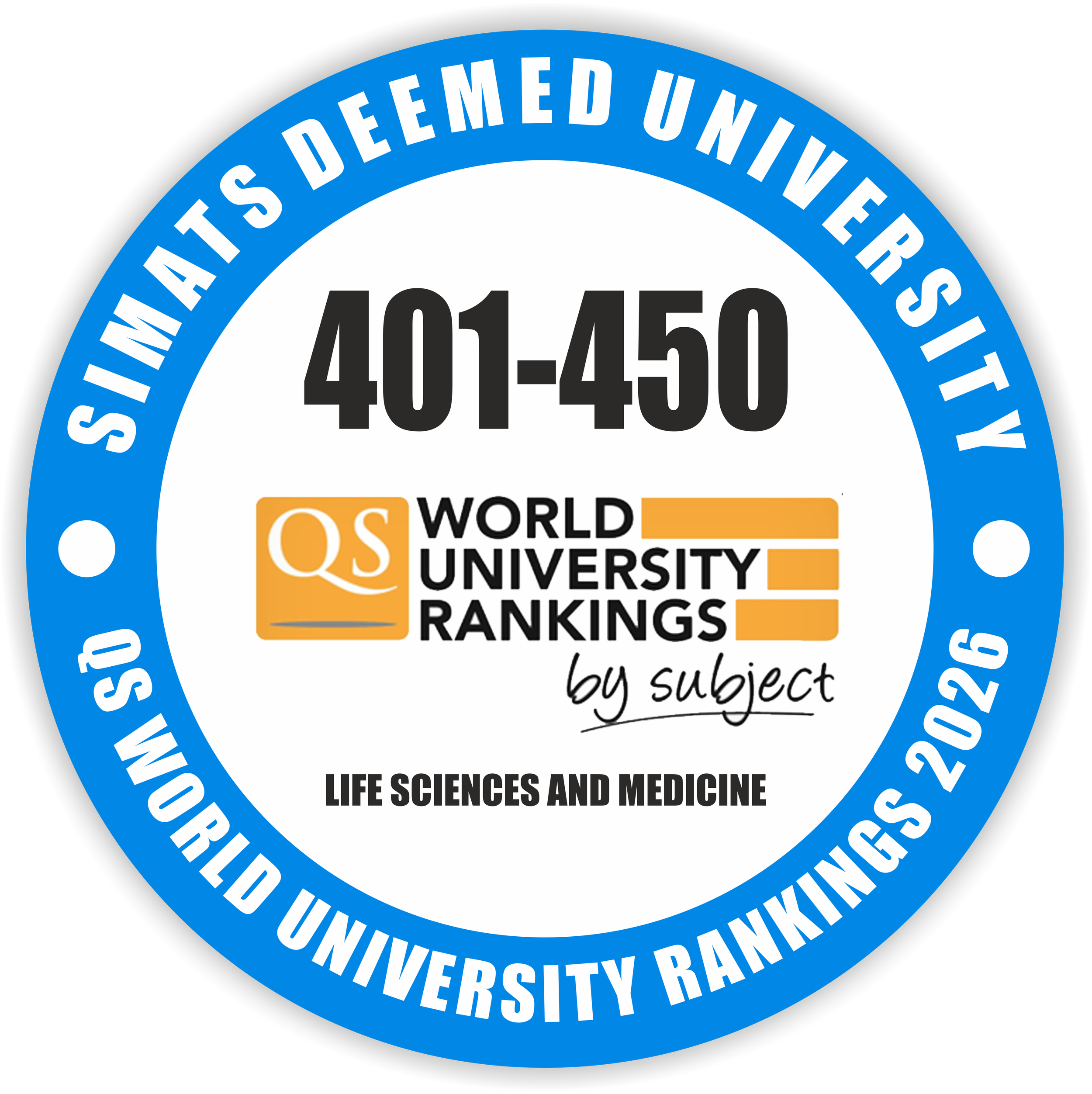 Saveetha Institute of Medical and Technical Sciences (SIMATS) Is Ranked 401–450 Globally in Life Sciences & Medicine in the QS World University Rankings by Subject.