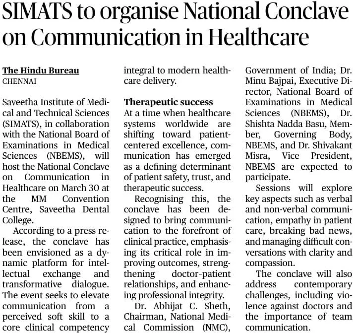 SIMATS to Organize National Conclave on Communication in Healthcare