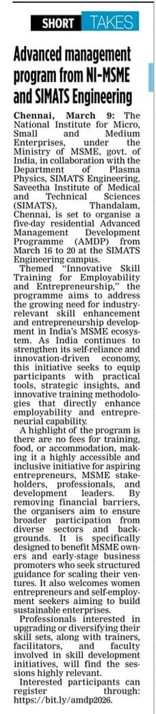 Advanced Management Program from NI - MSME and SIMATS Engineering