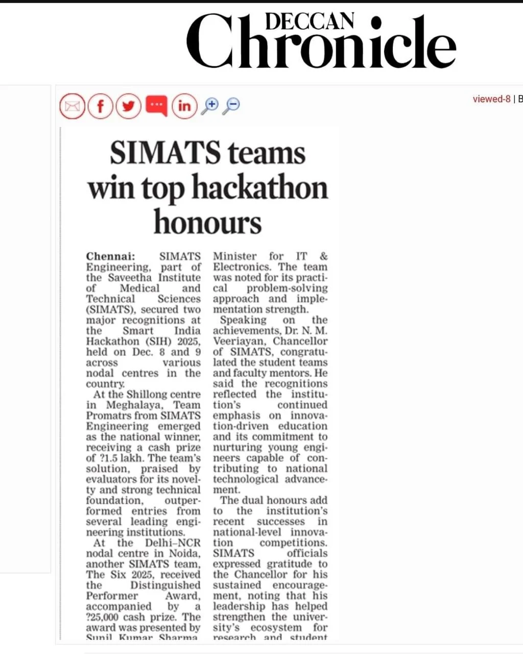 SIMATS Teams Win Top Hackathon Honours