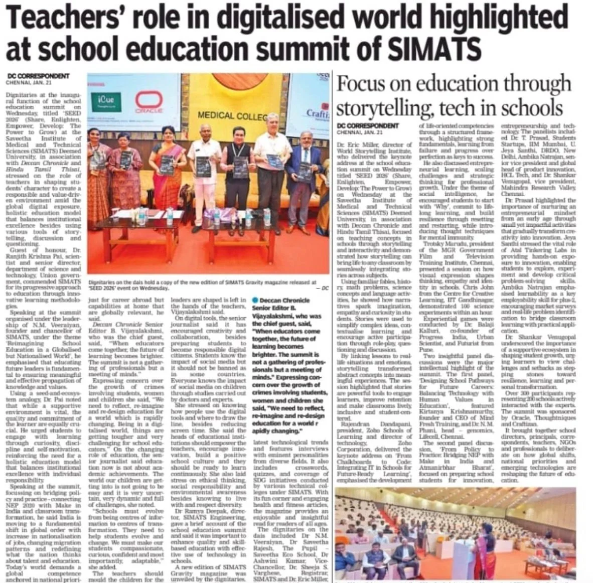Teachers’ Role in Digitalised World Highlighted at School Education Summit at SIMATS