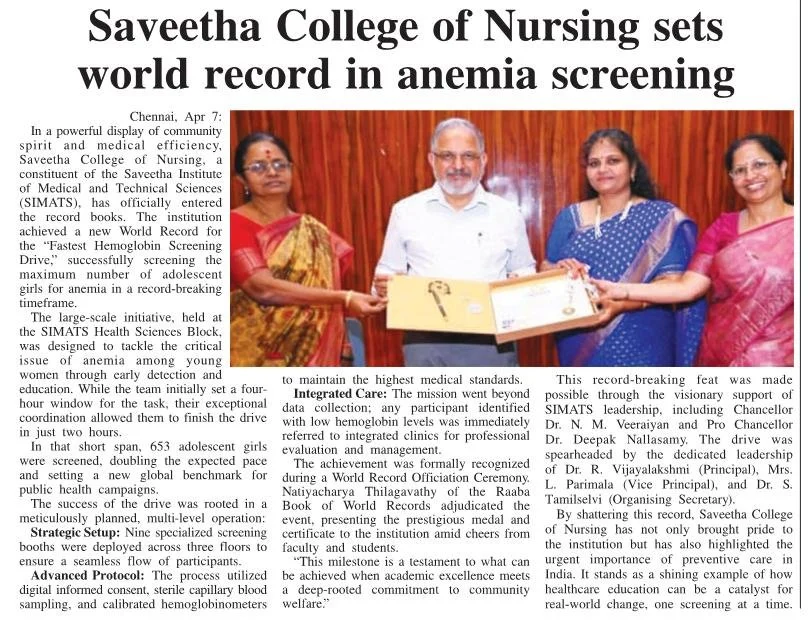Saveetha College of Nursing Sets World Record in Anemia Screening