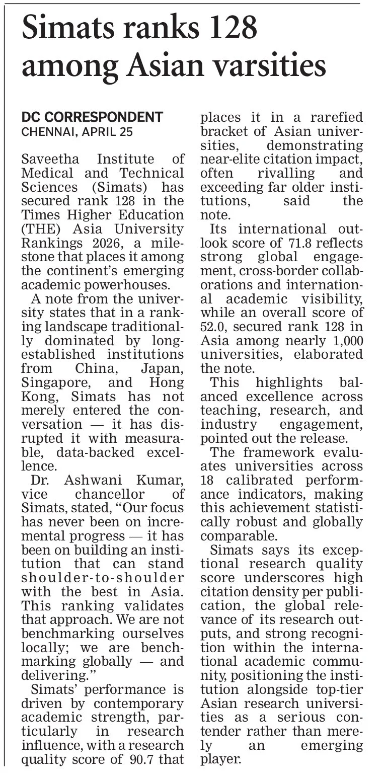 SIMATS Ranks 128 Among Asian Varsities 