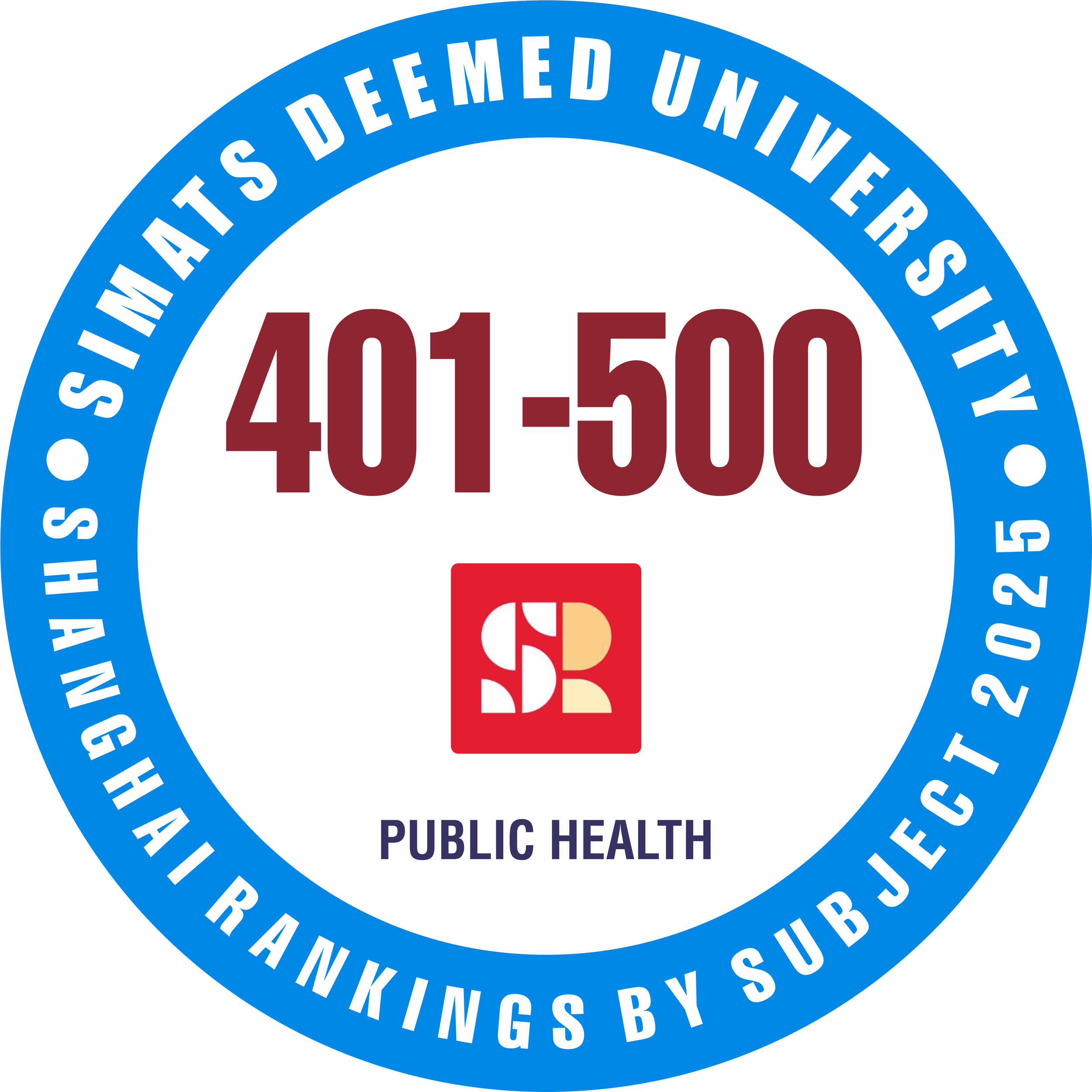 SIMATS has achieved a world rank of 401–500 and a national rank of 4–5. This recognition highlights contributions to disease prevention, community health, healthcare policy, and population well-being.