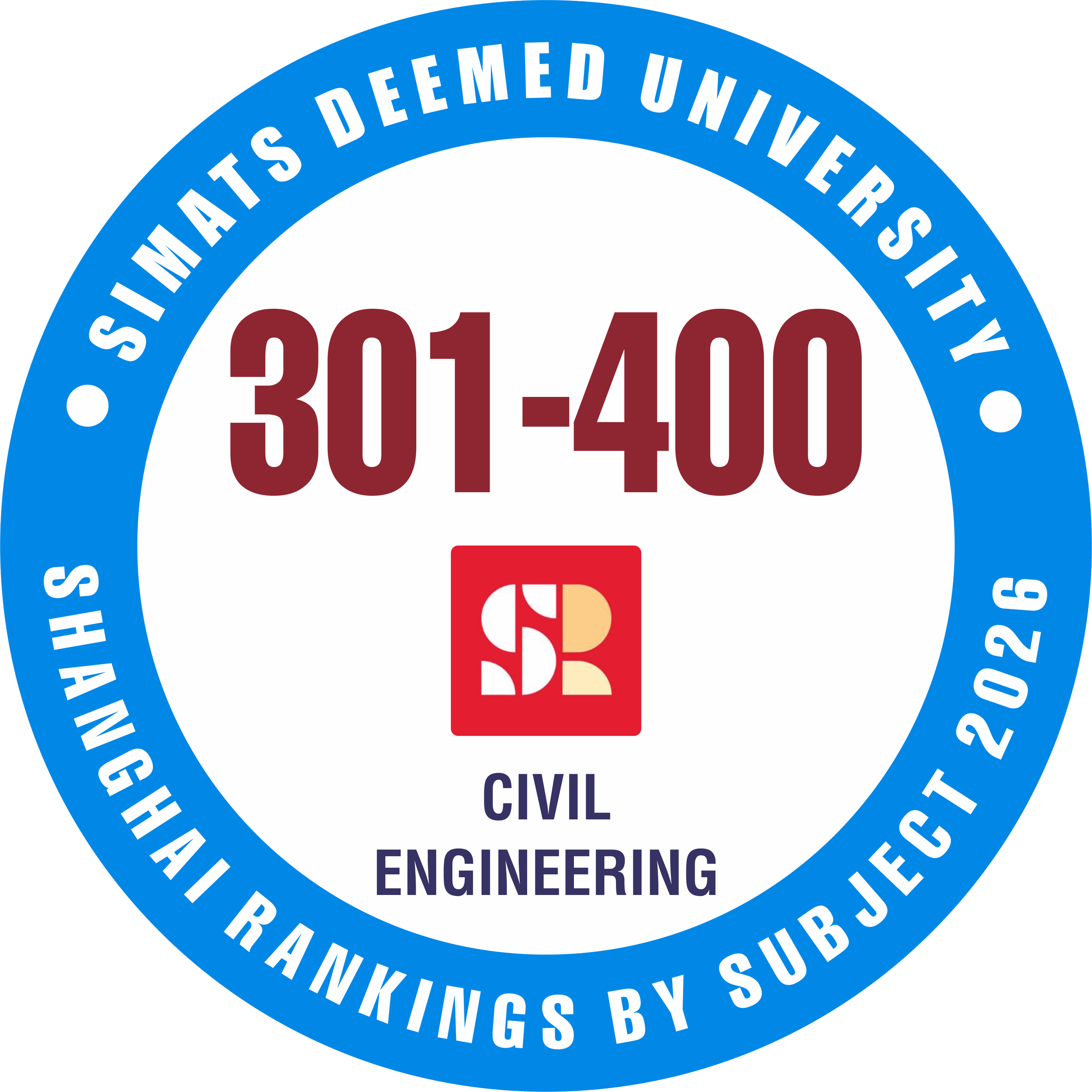 SIMATS has achieved a world rank of 301–400 and a national rank of 2–3. This recognition reflects impactful work in sustainable infrastructure, construction technology, structural engineering, and smart cities.