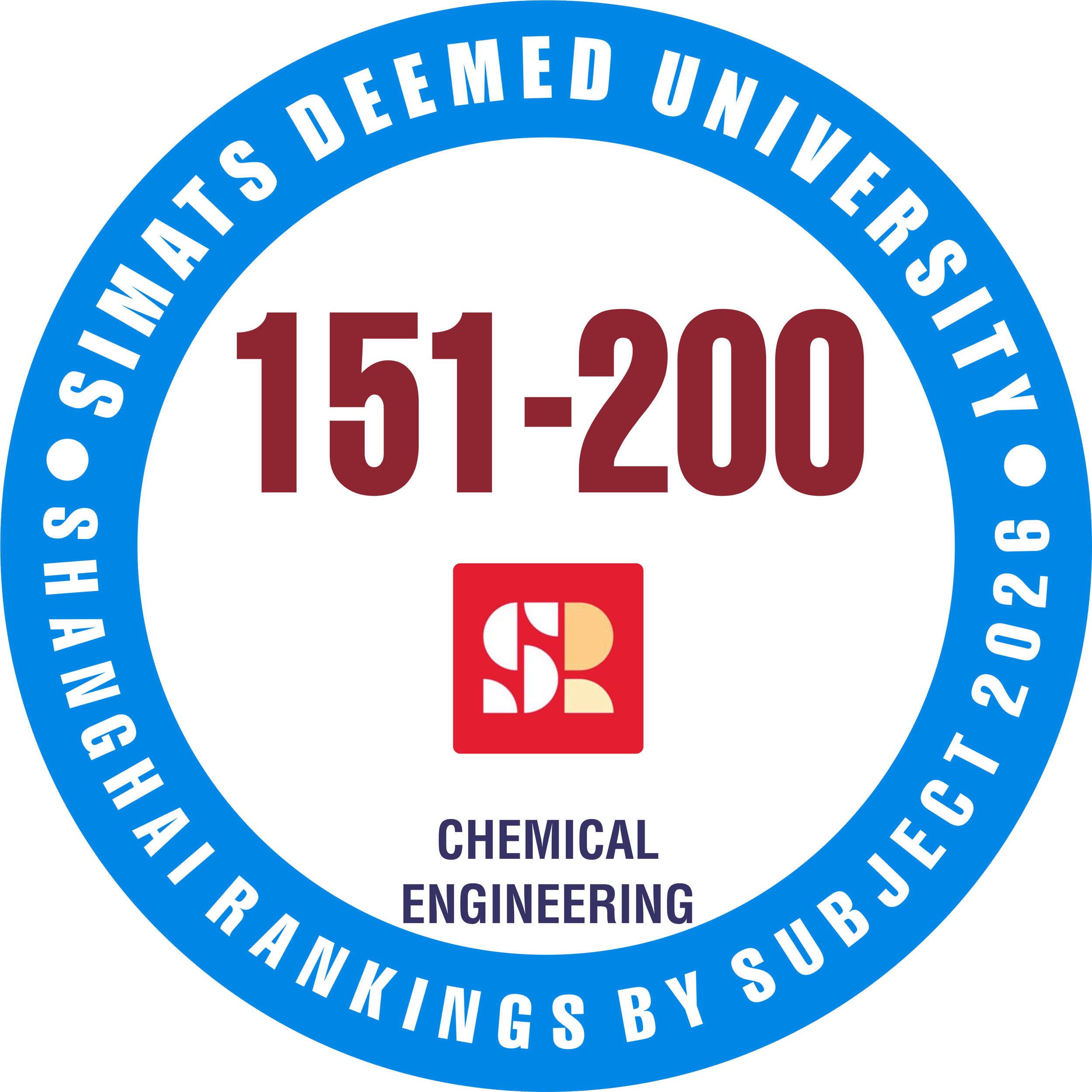 SIMATS has secured a world rank of 151–200 and a national rank of 1–2. This recognition highlights its strengths in sustainable processes, advanced materials, and industrial innovation.