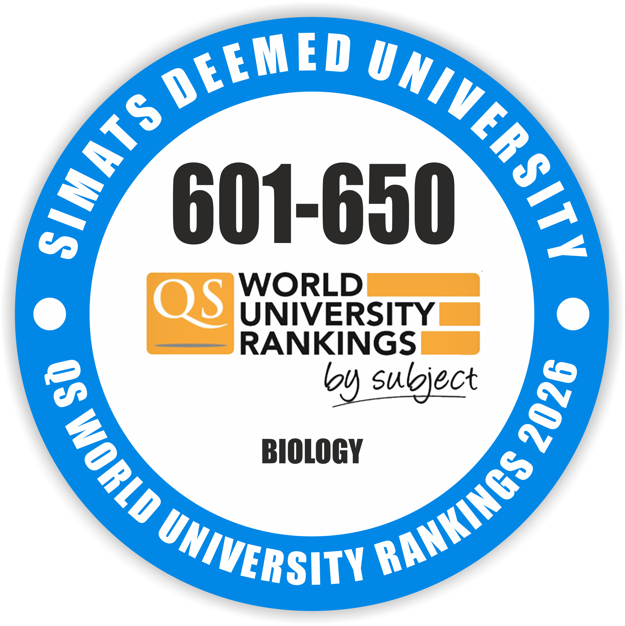 Saveetha Institute of Medical and Technical Sciences (SIMATS) is ranked 601–650 globally in Biology in the QS World University Rankings by Subject.