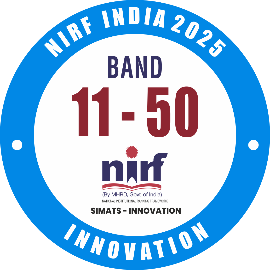SIMATS has secured a position in the 11–50 Band in the Innovation Category of the NIRF 2025 Rankings by the Government of India.