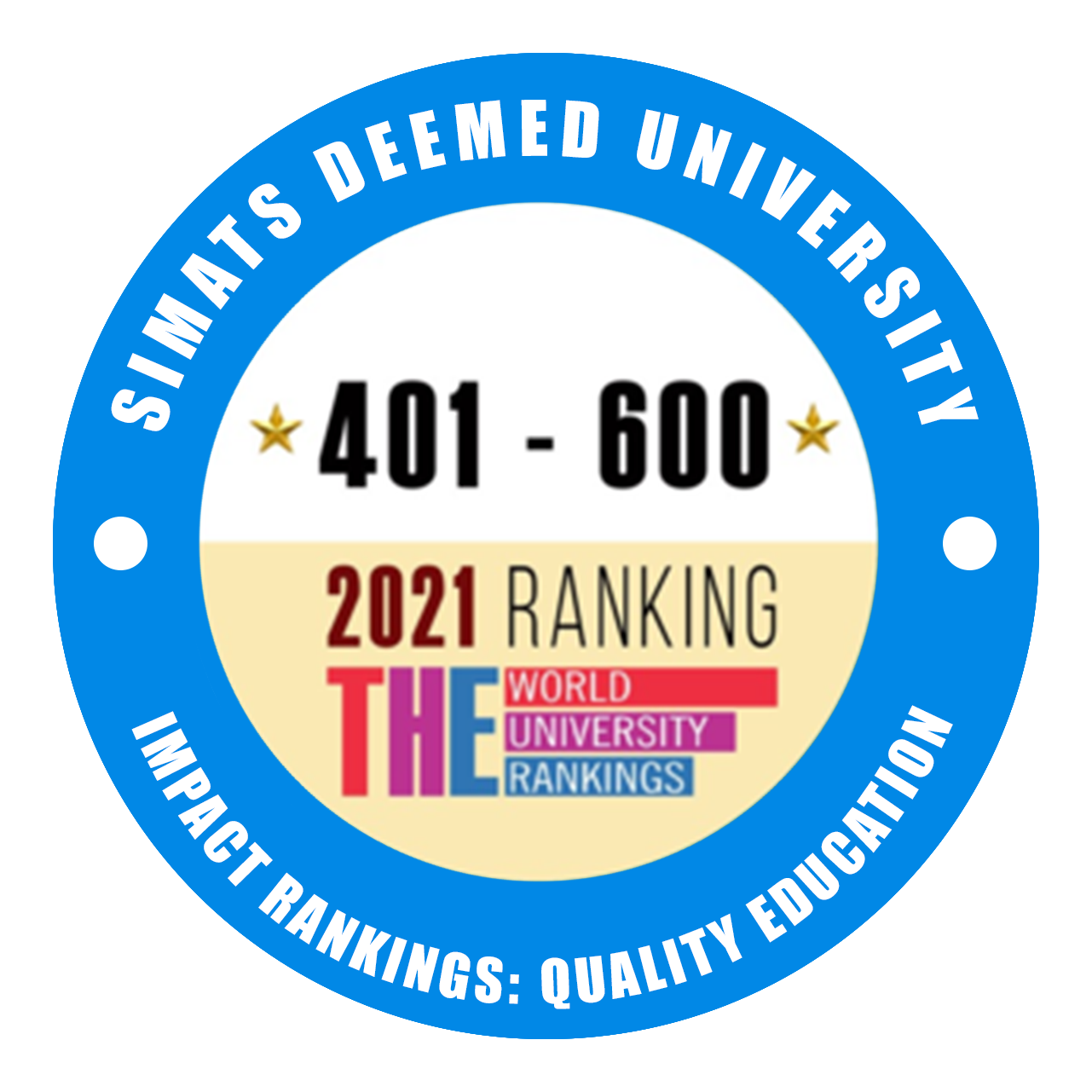 Impact Ranking: SIMATS is ranked 401 - 600 out of 1000 Private and Public Universities ranked by the Word University for Industry, Innovation & Infrastructure. Hence, we are one of the Private Universities in the Country to get an impact Ranking